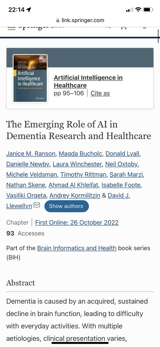 With many friends from <a href="/DEMONNetworkUK/">DEMON Network</a> we wrote a book chapter on: The Emerging Role of AI in Dementia Research and Healthcare <a href="/DrDJLlewellyn/">Prof David Llewellyn</a> @Janice_Ranson <a href="/sj_marzi/">Sarah Marzi</a> @Don_lyall <a href="/n_skene/">Nathan Skene</a> @IsabelleFFoote <a href="/Winchy_l/">Laura Winchester</a> @timrittman <a href="/bucholcmagda/">Dr Magda Bucholc</a> @micheleveldsman <a href="/kormilitzin/">Andrey Kormilitzin</a> <a href="/NeilOxtoby/">Neil Oxtoby (Toybox Science)</a>