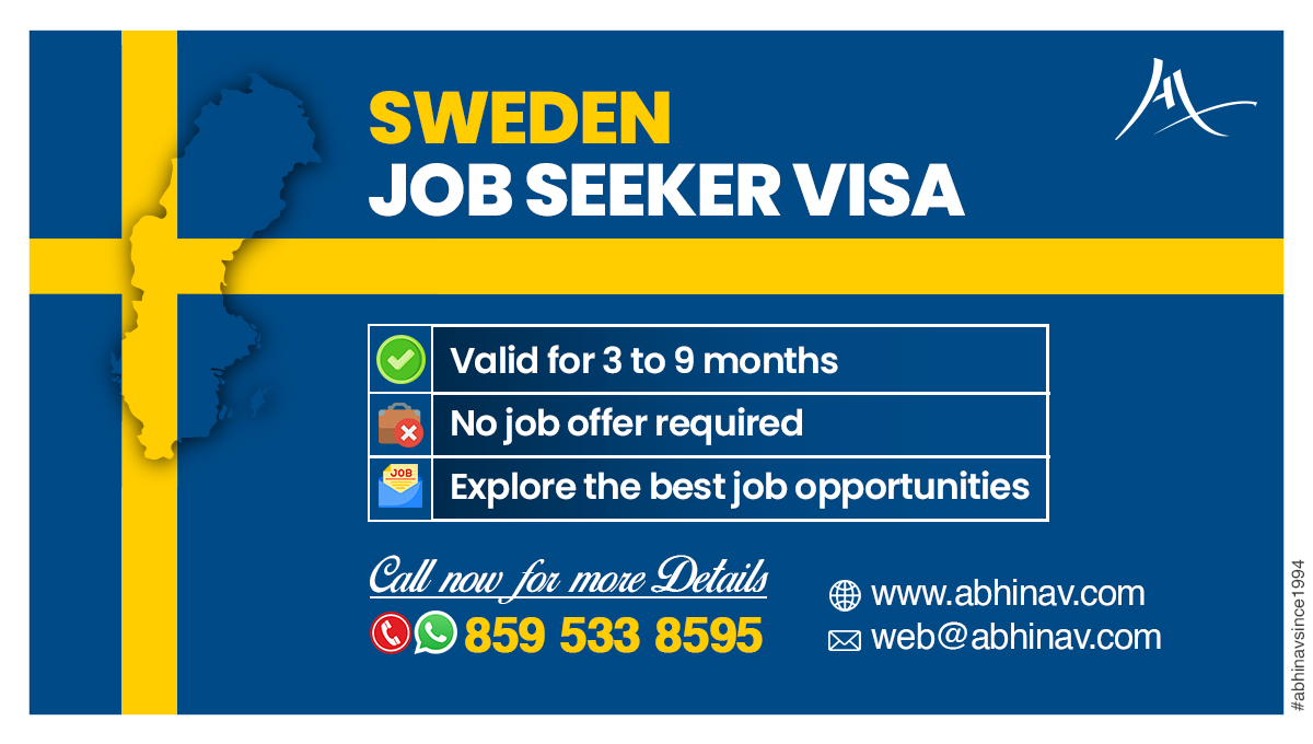 Apply Today: bit.ly/3BMMWro.

For more information you can contact our immigration experts at 8595338595.

#jobseekervisa #swedenjobseekervisa #noagelimit #nojoboffer #noielts #permanentresidency #migratetosweden #workinginsweden #swedenimmigration #immigratetosweden