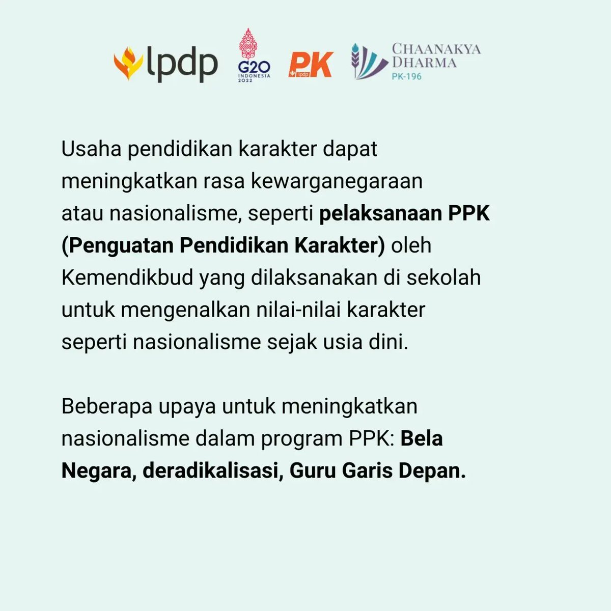 afaroo's tweet photo. Meningkatkan rasa nasionalisme menjadi salah-satu tujuan Pendidikan Karakter. Sehingga, program Penguatan Pendidikan Karakter yang digagas KEMDIKBUD perlu diwujudkan secara masif melalui: Bela Negara, deradikalisasi dan Guru Garis Depan. 

@lpdp_ri 
@pk196lpdp 
#DiriUntukNegeri https://t.co/Lp0P3GWivw
