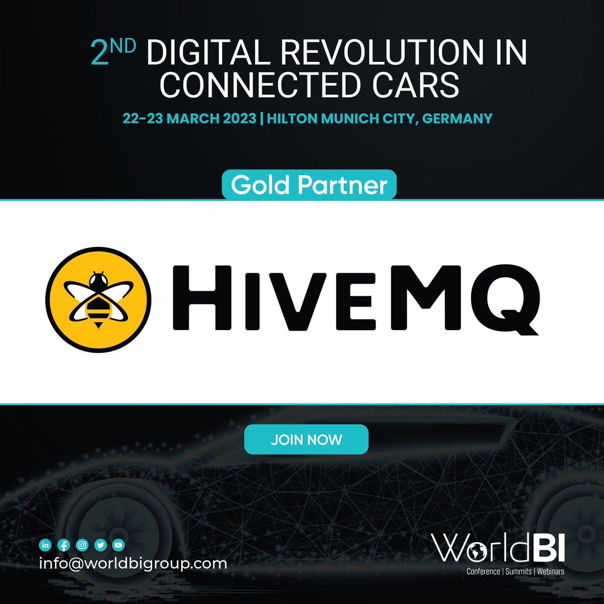 WorldBI_Uk's tweet photo. World BI is Pleased to Welcome Gold Partner @HiveMQ at the #2ndDigitalRevolutionInConnectedCars taking Place on 22-23 March 2023 in Hilton Munich City, Germany.
Book your slot now: https://t.co/jJUojMV74d
#worldbi #drcc #connectedcarsconference2023 https://t.co/14JV2RO6Rl