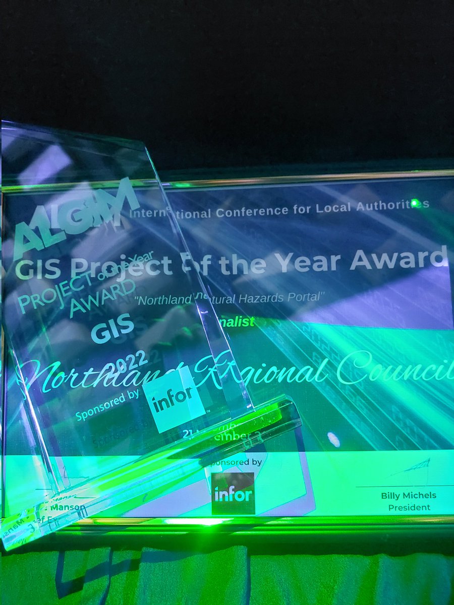 ADux's tweet photo. Northland Regional Council won GIS Project of the Year Award 2022 for the team mahi of the Natural Hazards Portal #Algim2022 @NRCexpress @MorphumNZ https://t.co/jX4u5GGKEL