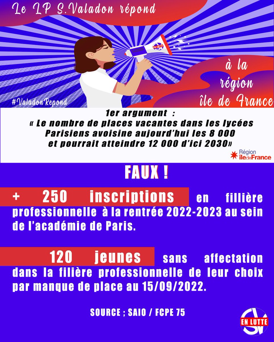 SauvonsValadon's tweet photo. .@vpecresse @iledefrance 📢 [1/8]  ➡️Où sont les places vacantes ? 
➡️Pourquoi fermer 6 Lycées Pro à Paris si les inscriptions augmentent ? 

Source  : https://t.co/MnBWodLeaF

#ValadonRepond #sauvonsleLP #NonALaDestructionDuLP #NonAuxFermeturesdeLycees https://t.co/ueu5EhZ4Yo