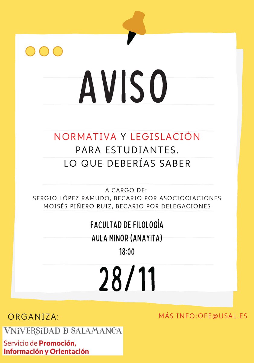 Charla sobre normativa y legislación para estudiantes universitarios los días 28 y 29.