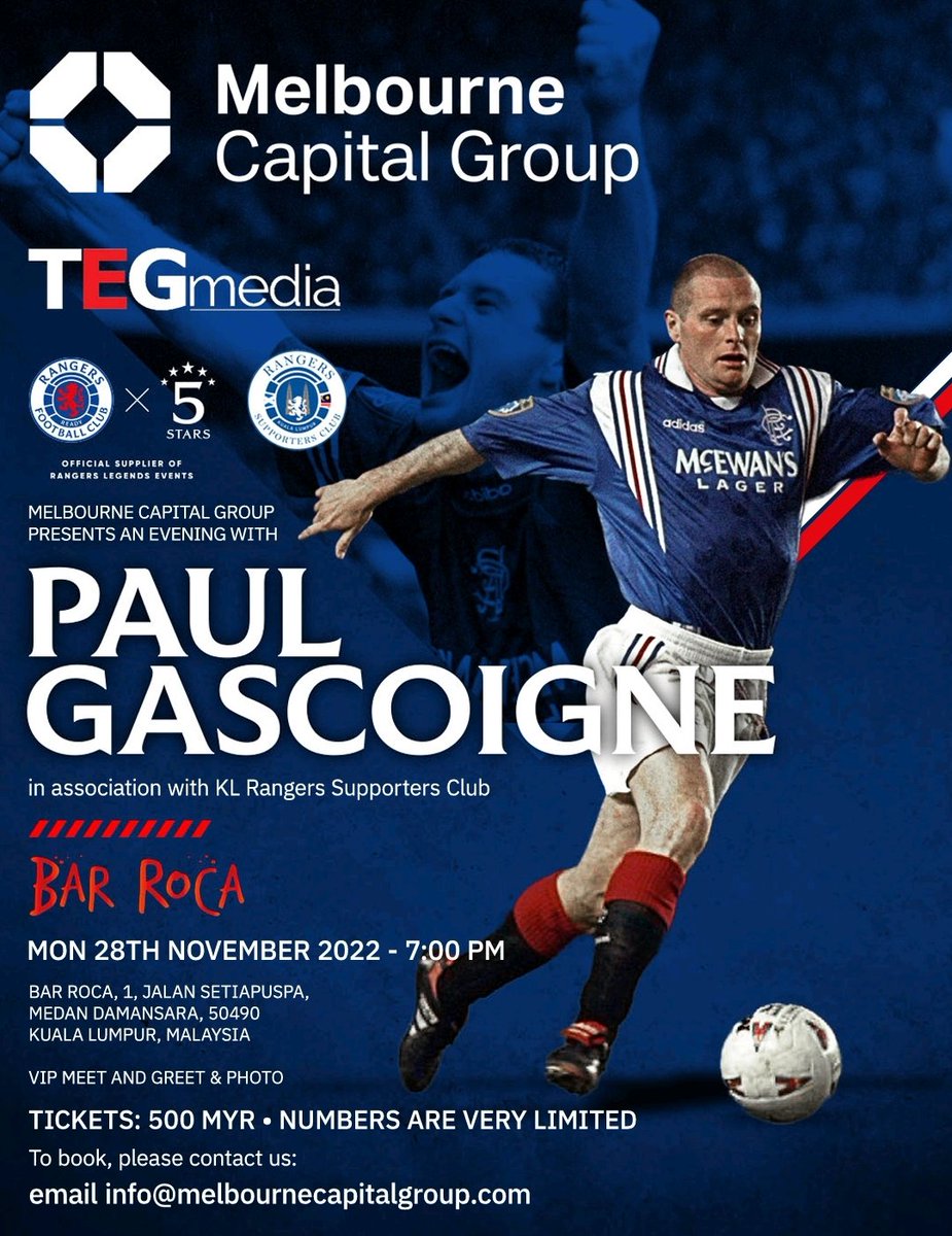 kl_rsc's tweet photo. A week today we will be hosting Gazza for an interview and a meet and greet. Anyone in Malaysia interested in joining, please contact our sponsors Melbourne Capital, who have made it possible https://t.co/60wDF2HB1x