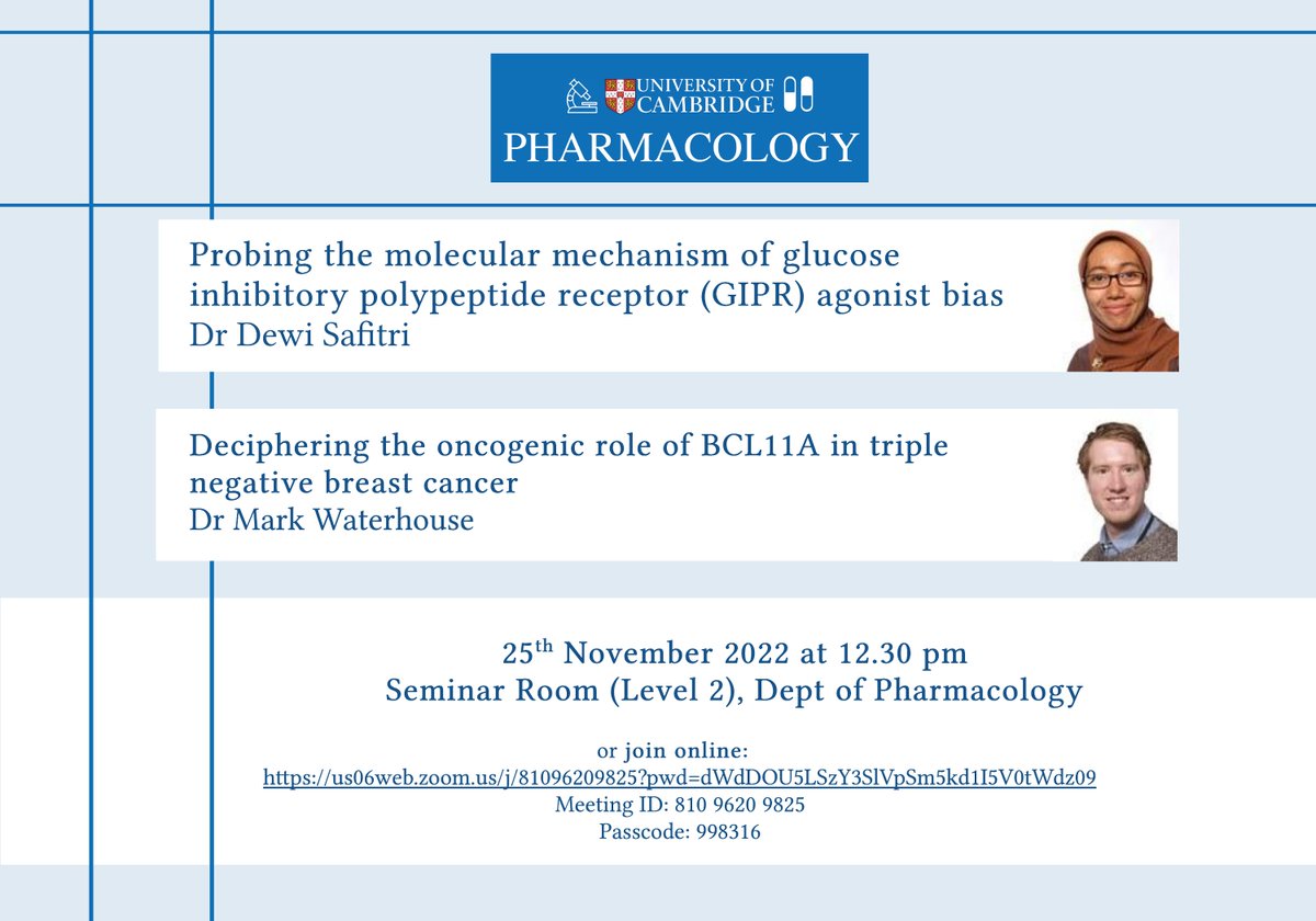 UnivCamPharm's tweet photo. This week we have two of our very own postdocs presenting their work for our weekly seminar @dewi_safitri_88 &amp; @MPWSci, talking about receptor bias &amp; breast cancer respectively.

12:30 UK time in the Dept. &amp; on Zoom 👉 https://t.co/GMXaYTfGXq https://t.co/PwzSF7pnPC