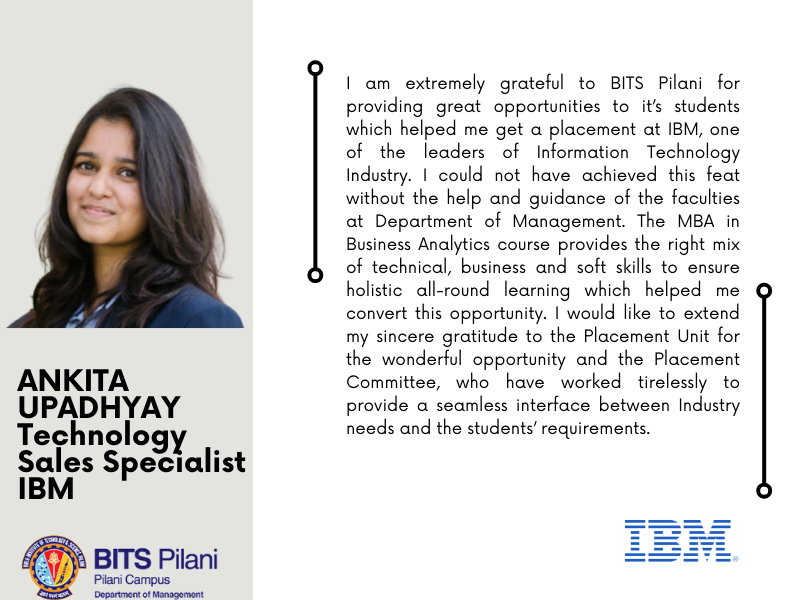 BITS_MBA's tweet image. Placements AY 2022-23

ANKITA UPADHYAY
Technology Sales Specialist
IBM

MBA Batch 2021-23
Department of Management, BITS Pilani

#placements2022 #mbaba #bitspilani #dom #bitsmba #businessanalytics #pioneeringbatch