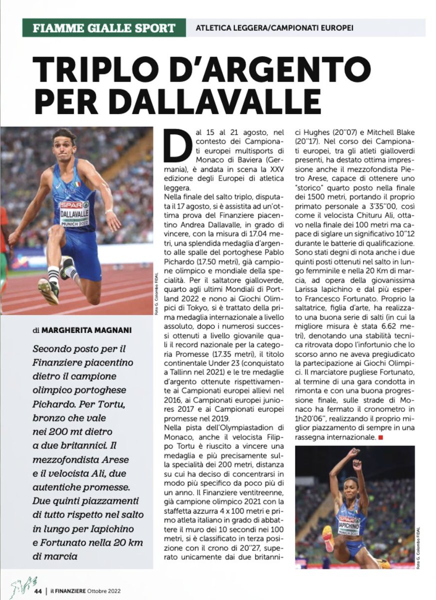 Il mio articolo su Andrea Dallavalle, medaglia d'argento agli ultimi Campionati Europei di Monaco, sul numero di ottobre del mensile "Il Finanziere". <a href="/GDF/">Guardia di Finanza</a> #Campionidellosport #FiammeGialle