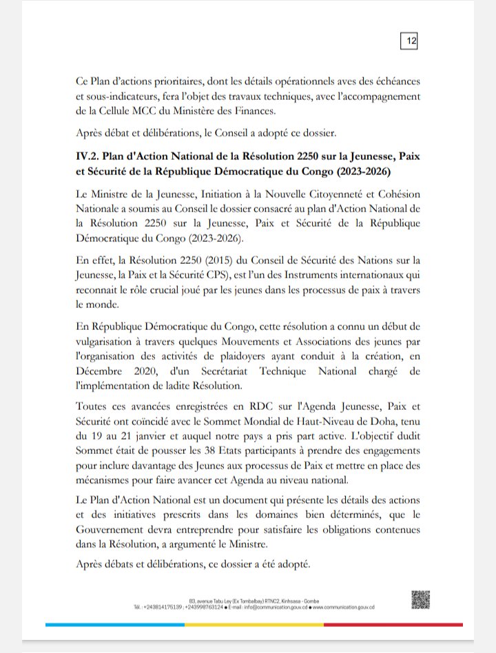 GMukulangando's tweet photo. #PAN_R2250_RDC🇨🇩
👉 Lancé le 12 Août par #Gvnement
👉 Adopté le 18 Nov au #ConseilMinistres
Le détail sur le compte rendu 👇
https://t.co/oPbS7tDlmB
🥳🎊
@BunkuluYves @RDC_JPS @ONURDCongo
#ActOn2250
#Youth4Peace
#UNSCR2250 https://t.co/VjsixvGhaI