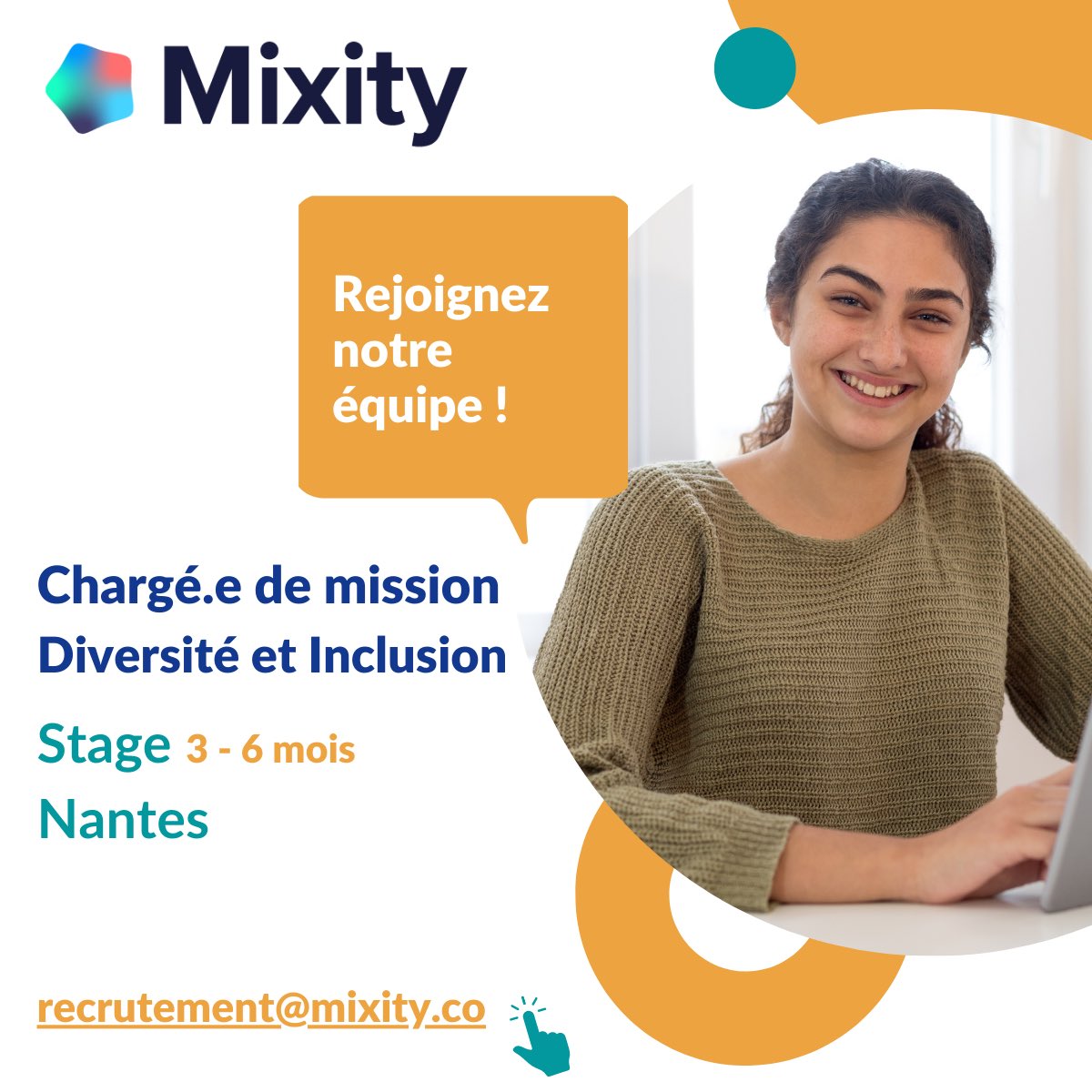 #Stage 👉🏼 <a href="/Mixity_co/">Mixity</a> t’attend. A #Nantes avec un poste de chargé (f/h/nb) de mission à découvrir ainsi que l’état d’esprit et les avantages à rejoindre cette équipe 😁 Tout savoir, ici bit.ly/3hN6jbV - #Inclusion - #Diversité - #RH