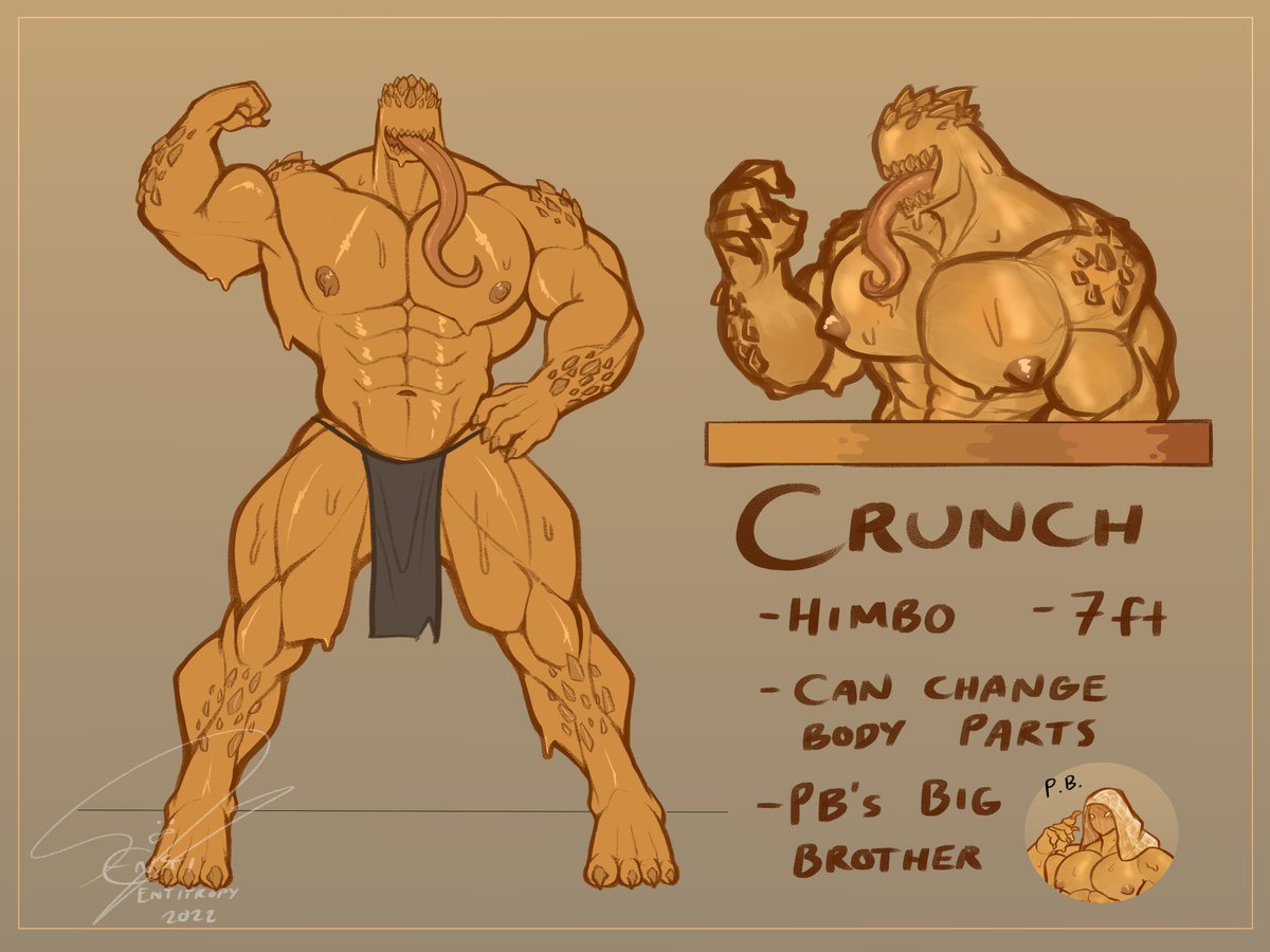 Entitropy's tweet image. Have you ever seen a chunky peanut butter hunk?

Because Crunch is an extra nutty and chunky peanut butter~

A ref sheet for PB&apos;s big brother, Crunch!
#Entitropy #PBJHunksOcs