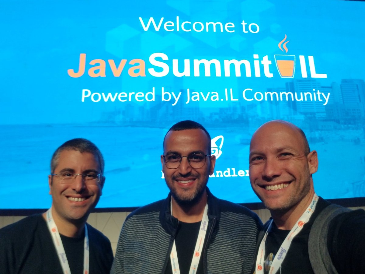 horovits's tweet image. The first Java Summit IL is happening now! A selfie with the @java_il (the Israeli #Java community, 10yo!) long-standing organizers @CmpxC @asafmesika 
#JavaSummitIL