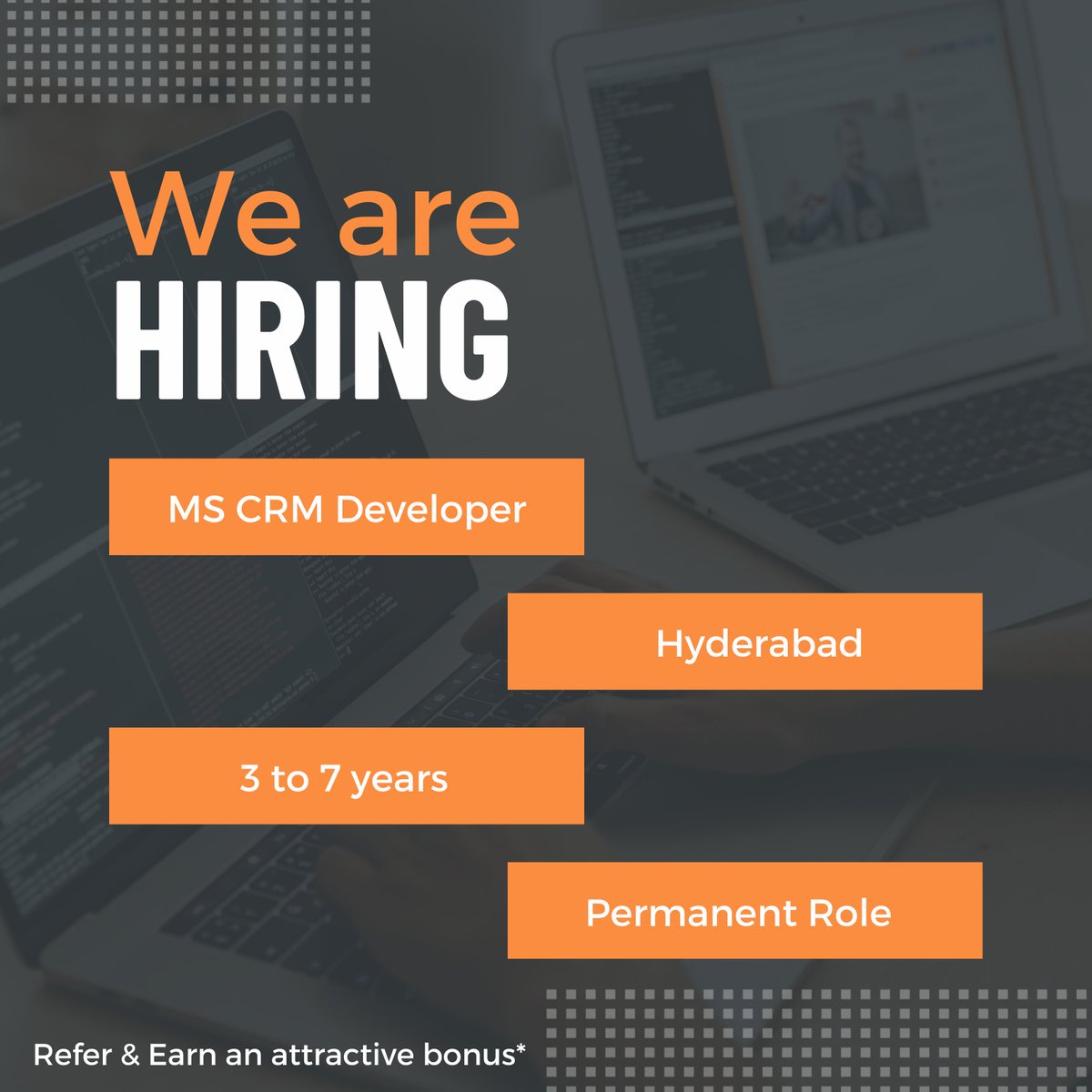 Tech2hires's tweet image. Refer and Earn an attractive bonus as per the below details in just 3 months of joining.

Inbox for more information

#RajNiranjan #tech2hires #Hyderabadjobs #jobs #career #softwarejobs #hiring #recruitment #MSCRMDeveloper #MSCRM #jobsinhyderabad #msrmjobs #mscrmjobsinhyderabad