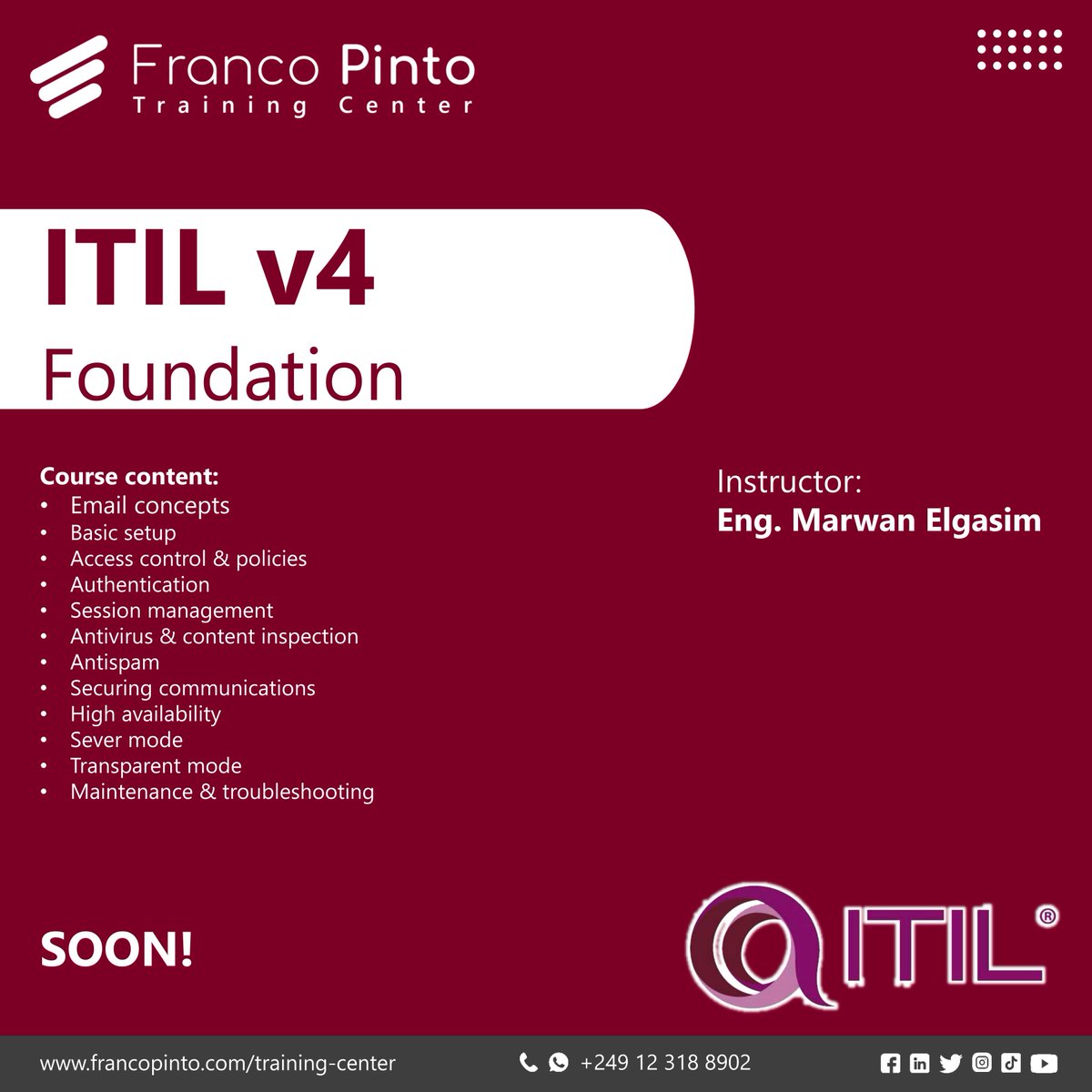 PintoTraining's tweet photo. Franco Pinto Training Center presents:

ITIL

Instructor: Eng. Marwan Elgasim
for more details please contact us:
Call &amp; WhatsApp: 0123188902

#fortigate https://t.co/bd8lt3abzY