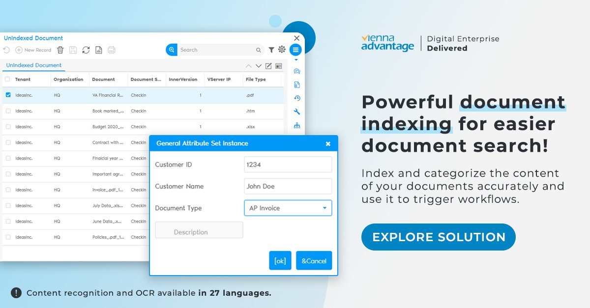 onfinity_io's tweet image. VIENNA Advantage DMS comes with powerful #DocumentIndexing features:
✅ Custom #document numbering
✅ Indexing #metadata and document revision
✅ Attach attributes to #documents
✅ Extendable metadata fields
Learn more ➡️ bit.ly/3AniKBB

#ocr #documentmanagement #DYK