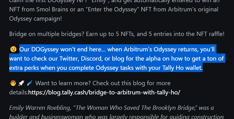 CryptoDuck_TH's tweet photo. ย้ำอีกรอบครับ กิจกรรม DOGyssey ของ @TallyCash จะสิ้นสุด 23 พ.ย. นี้ และยังได้เพิ่ม bridge อีกเจ้าคือ https://t.co/NDh89uy8dQ กลาย 5 NFT
.
ใครขี้เกียจ จะซื้อใน Opensea ติดไว้ก็ได้ครับ ราคาตอนนี้ $1-2
.
ส่วนข้างล่างเป็นคำใบ้ว่า Arbitrum Odyssey จะกลับมาแน่นอน และ Tally จะร่วมด้วย https://t.co/hliwTqCujl