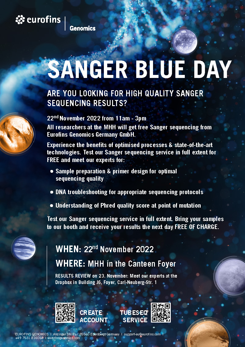 Medizinische Hochschule Hannover @MHH_life: Test our Sanger sequencing services for FREE. Bring your #Sanger sequencing samples to our booth on 22nd November 2022 from 11am - 3pm and receive your results the next day FREE OF CHARGE. #genomics #TheDNAUniverse
