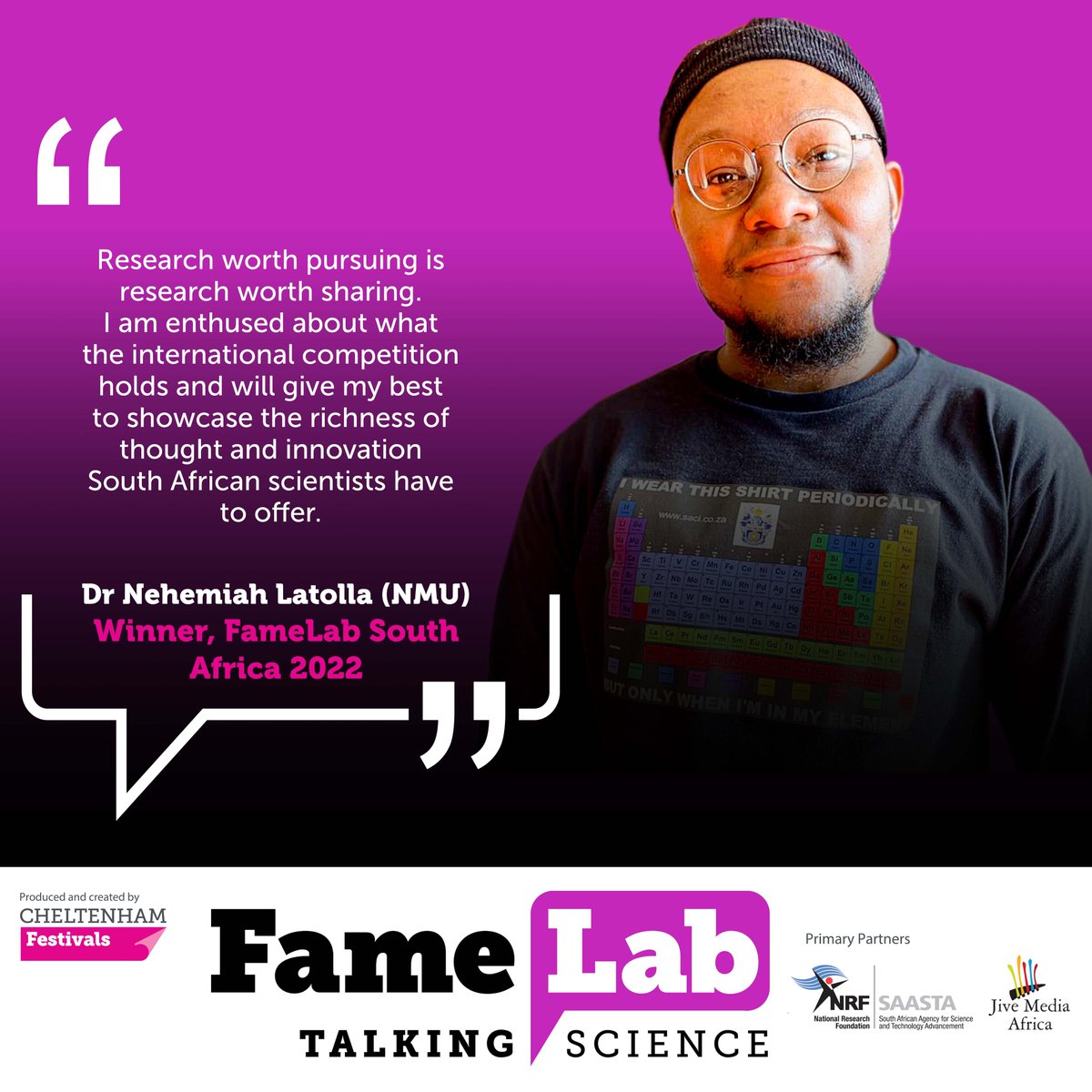JiveMediaAfrica's tweet photo. World, get ready! @MandelaUni scientist Dr Nehemiah Latolla will be #TalkingAfricanScience at the #FameLabInternational2022 final. Catch Nehemiah this Friday 25 Nov at 12:00 on https://t.co/PqCWrNXSbb. Be part of the audience vote! @NRF_SAASTA @FameLab @dsigovza #FameLab #scicomm https://t.co/WlPV8glwzF