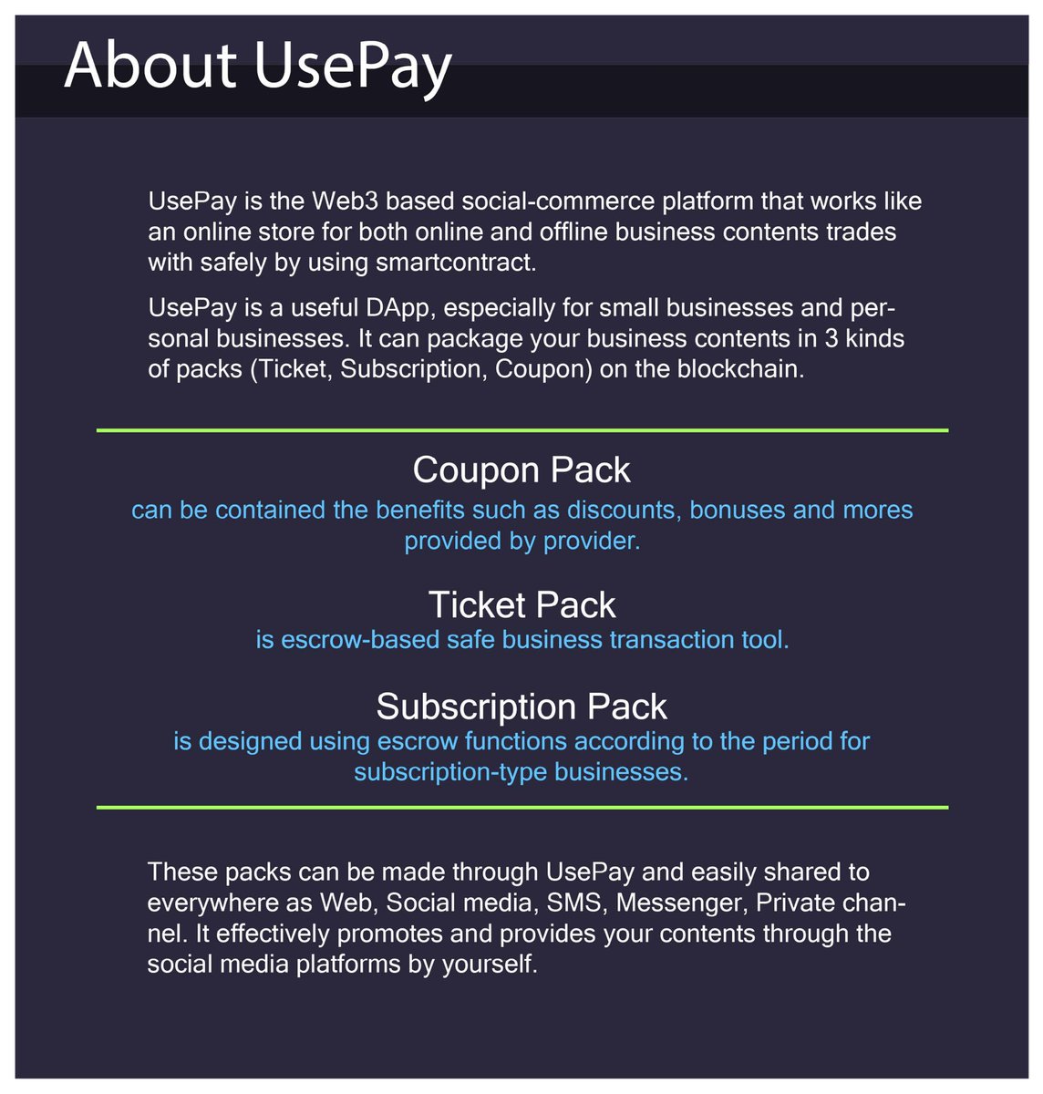 DFMeco's tweet photo. UsePay V1 Launched!

UsePay is a blockchain escrow-based platform where you can directly issue and sell coupons, tickets, and subscriptions.

Deliver your business to 300 million global Web3 users. https://t.co/4sI6BEKX5u