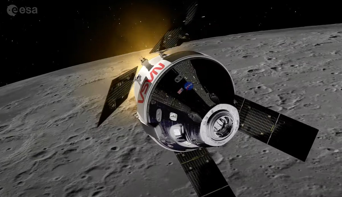 esa's tweet photo. UPDATE 📺 Join us to watch #Artemis I's outbound powered flyby manoeuvre past the Moon today, 21 November. #OrionESM's engine burn is planned for 12:44 GMT/13:44 CET. Coverage now starts at 10:15 GMT/11:15 CET  👉 https://t.co/2mbiqTiEu9 https://t.co/3YPqk13DE0