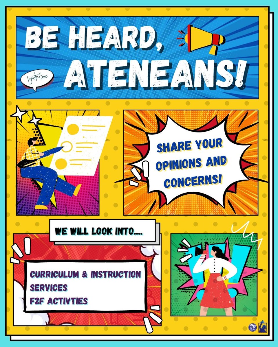 asecofficial24's tweet photo. BE HEARD, ATENEANS! 📣 | How are you doing Ateneans? How was the first semester? Do you wish to share your thoughts of our school activities? 🤔💭

Answer the Survey Form of Be Heard, Ateneans! 
📝https://t.co/m9UL6Ql2S4 https://t.co/yi8dD2ZkRb