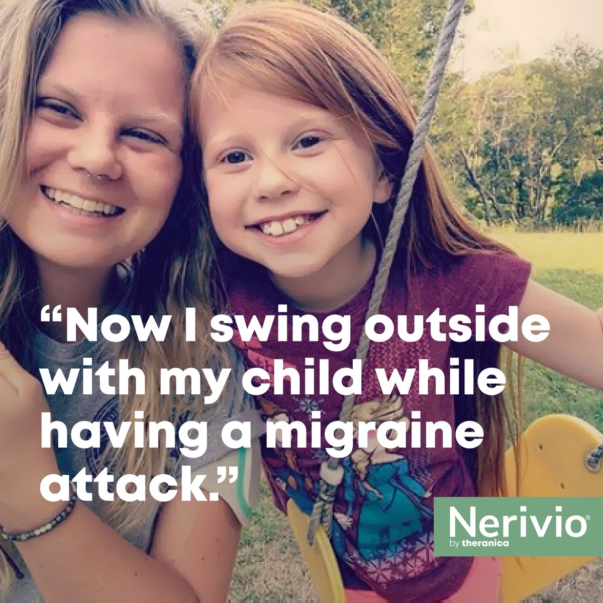 Theranica's tweet photo. “I spent 20 years trying medications that either didn’t work or had intense and dangerous side effects to finally find something that is completely safe and helps enough so I can swing outside with my child while having an attack. Grateful doesn’t begin to describe it.”
#Nerivio https://t.co/tJFogO6bUv