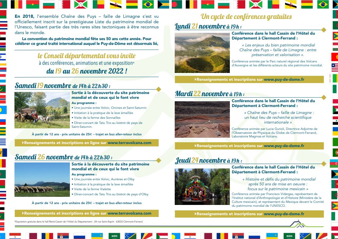 📌 Le Département du #puydedome vous invite à découvrir la #chainedespuys avec 3️⃣ #conférences à l'Hôtel du Département pour les 50 ans de la convention du patrimoine mondial.
ℹ Entrée libre et gratuite, 24 rue St-Esprit à Clermont-Fd. Plus d'infos bit.ly/3UR0h8I