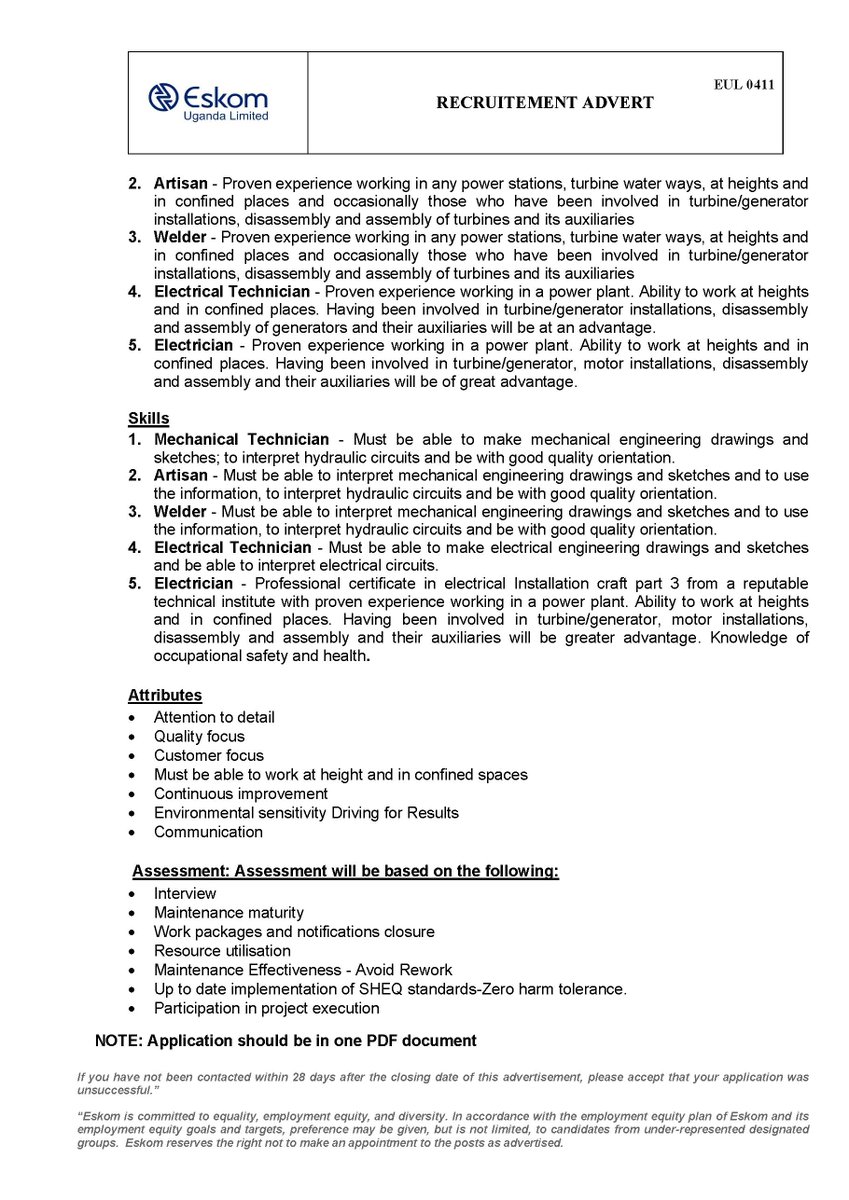 Job Opportunities.
Eskom Uganda Limited invites applications for the following positions;
1. Mechanical Technician x1
2. Artisans x5
3. Welders x2
4. Electrical Technician x1
5. Electricians x4
Details in the Link below;eskom.co.ug/opportunity/jo…