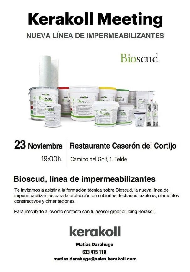 #ultimasplazas #Meeting 
#Miercoles 23 de noviembre 19hs súmate a la presentación de nuestra #nueva línea de #Impermeabilización #Bioscud #kerakoll <a href="/caflaspalmas/">Colegio Ad. de Fincas Las Palmas</a> <a href="/ea_ulpgc/">Arquitectura ULPGC</a> <a href="/AparejadoresGC/">AparejadoresGC</a> <a href="/COAGranCanaria/">COA Gran Canaria</a> #profesionales #construcciones #rehabilitación