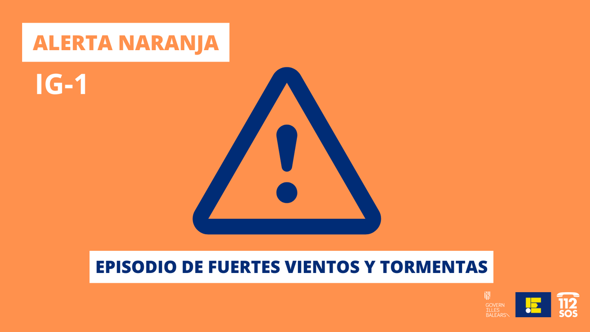 Emergencies_112's tweet photo. 🟠Activada alerta taronja (IG1) per forts vents i tempestes a totes les illes. Molta precaució.
________

🟠Activada alerta naranja (IG1) por fuertes vientos y tormentas en todas las islas. Mucha precaución. https://t.co/DUByWMa1AF