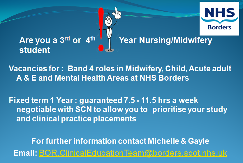 Mor1Reilly's tweet photo. 📢 Attention all 3rd and 4th year students. 

More exciting  Band 4 opportunities for #nurses #midwifery students
          
💜Come and join us @NHSBorders where compassionate leadership is our priority 💜 https://t.co/KT6KZsNnwM