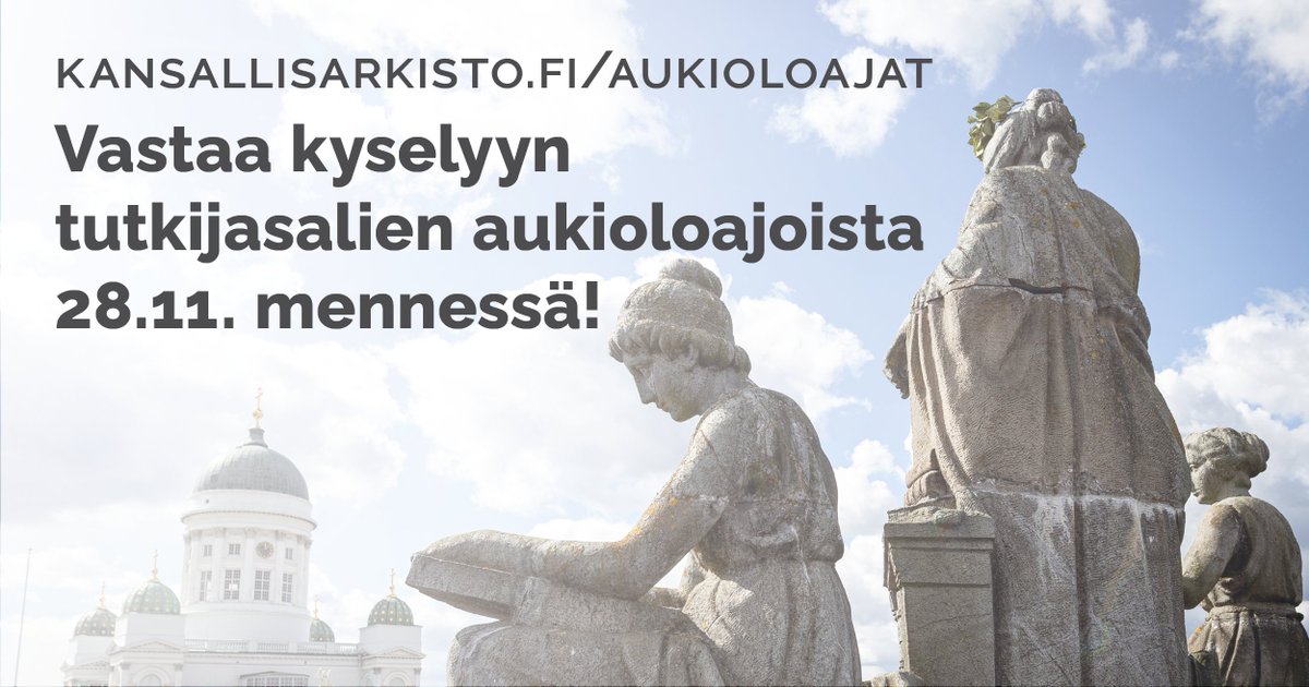 Kansallisarkiston muutosneuvotteluiden yhteydessä tutkijasalien aukioloaikoja joudutaan arvioimaan uudelleen. Jos aukioloaikoja on pakko supistaa, millaiset ajat palvelisivat sinua parhaiten? Vastaa kyselyyn viimeistään 28.11. lyyti.fi/questions/98b1… #arkistot #asiakaspalvelu