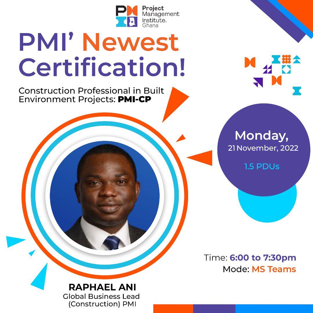 PMIGHChapter's tweet photo. Join us this evening as we learn more about PMI's latest certification in construction!!
Time: 6:00 - 7:30 pm
Location: MS Teams ( Virtual)
Meeting Link: https://t.co/9VLQzJcS5j
#pmi #pmighana #pmcertification #construction https://t.co/DtlEuHipge