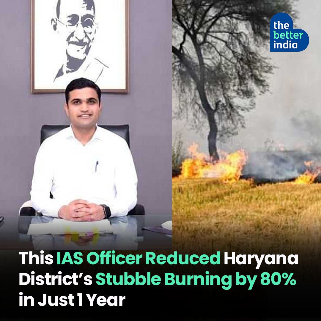 thebetterindia's tweet photo. IAS officer Vikram Yadav, posted in Ambala, Haryana, has helped cut stubble burning in the district by 80% by assisting farmers in using alternative methods to remove or reuse wheat and paddy #stubble.
@vikramyadav 

#IAS #Initiative #Environment #EcoFriendly #Punjab #Inspiration https://t.co/uvQhRy2qkL