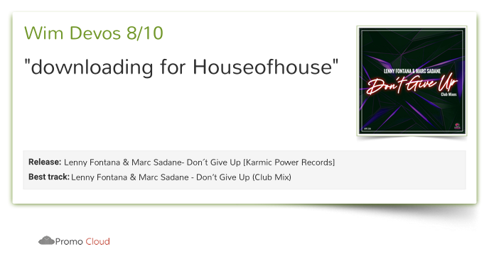 KarmicPowerRec's tweet photo. wimdevos7 reviewed @lennyfontana - Don’t Give Up (Club Mix). 8/10 #DontGiveUp #LennyFontana #MarcSadane #newmusic #p https://t.co/t4Kl52poSD