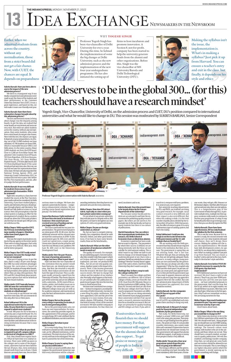 UnivofDelhi's tweet photo. Professor Yogesh Singh, Vice-chancellor, University of Delhi
IDEA EXCHANGE | THE INDIAN EXPRESS, MONDAY, NOVEMBER 21, 2022 https://t.co/jLKDHVVkrN