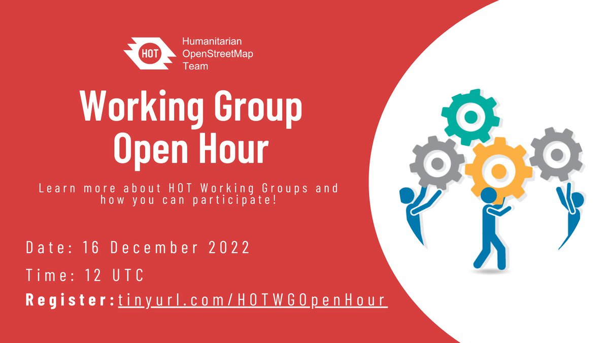 hotosm's tweet image. Have you always wanted to know more about the Humanitarian OpenStreetMap Team Working groups? Join our Open Hour as we take you through the various working groups and how you can join them. RSVP NOW: tinyurl.com/HOTWGOpenHour