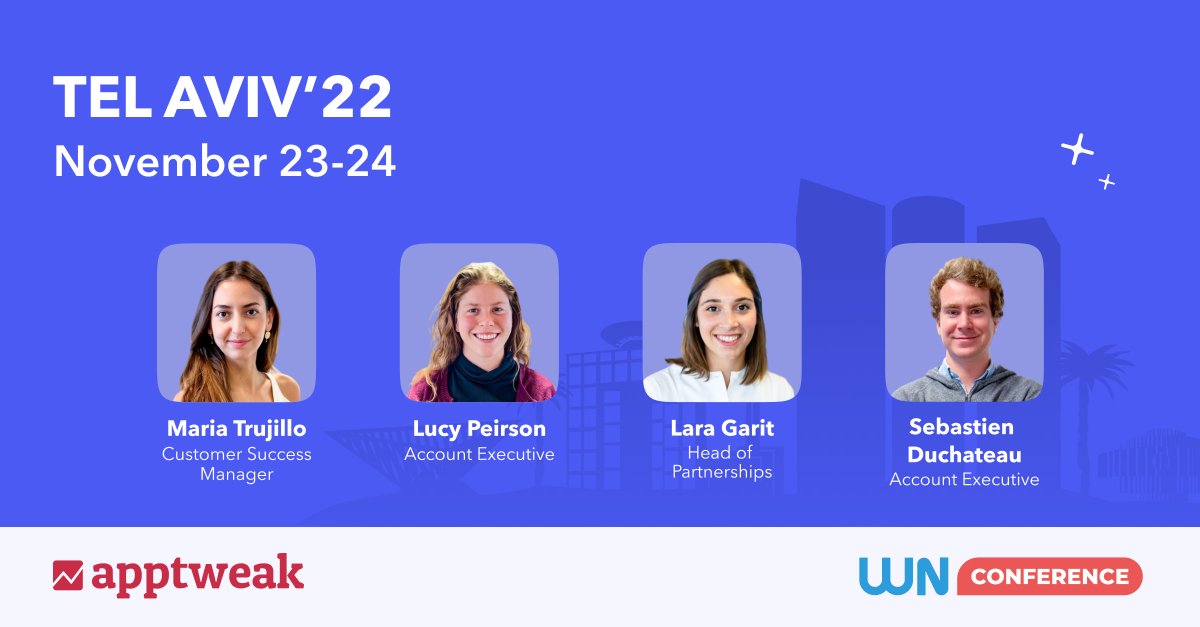 AppTweak's tweet photo. 🇮🇱 We're going to Tel Aviv! Our team will be joining game industry leaders at the @wnconf this Wednesday and Thursday – come by booth S29 and learn about the latest #appmarketing techniques!
#AppStoreOptimization #wnconference #mobilemarketing #ASOtool https://t.co/PjZztar2fy