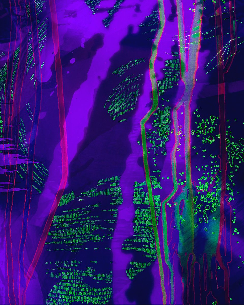_AlisonGoodyear's tweet photo. Here's a close-up of Grotto Painting panel 5 under UV light. From my exhibition 'PaintPark' (MK Gallery PS, Feb 2020) #TiltBrush #OpenBrush #AlisonGoodyear #paintingspace #paintingasplace #palette #contemporarypainting #AbstractPainting #virtualpaint #art #VR #painting #phygital https://t.co/caViEd2fbQ
