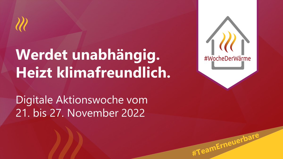 📢Heute startet die #WocheDerWärme📢
Die aktuelle Energie- und Preiskrise verdeutlicht: es ist an der Zeit, sich der #Erneuerbaren #Wärmeversorung zu widmen und endlich die #Wärmewende umzusetzen.  🏘️🏭💚