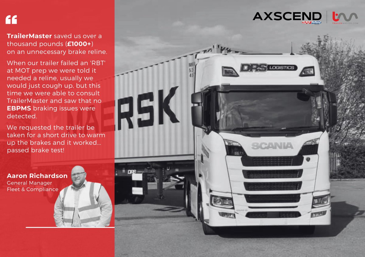 Great customer feedback from <a href="/DRSLogisticsLtd/">DRS Logistics Ltd</a> of how our patented EBPMS® technology has helped them to reduce costs whilst increasing their trailer fleets safety &amp; compliance.
axscend.com/ebpms/

#EBPMS #RBT #Trailers #Brakes #Compliance #FleetSafety