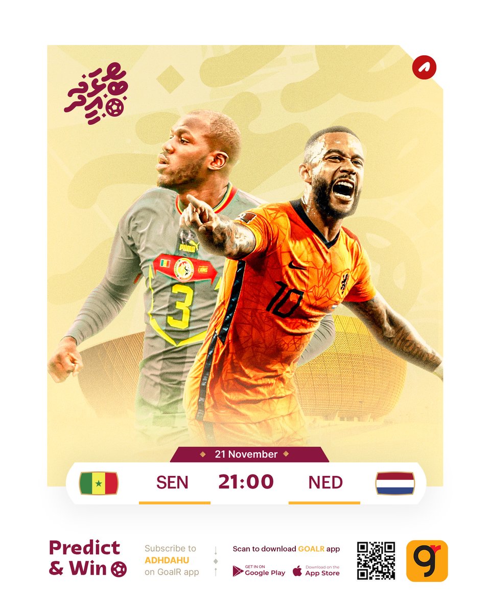 AdhadhuMV's tweet photo. African champions Senegal will be facing off against a confident Netherlands side who are making their return to the World Cup.

Will The Lions of Teranga truimph over the Oranje?

Predict your score on @goalrmobile &amp; stand a chance to win amazing prizes of #BoalhaEid. https://t.co/U5mq1sOqwG