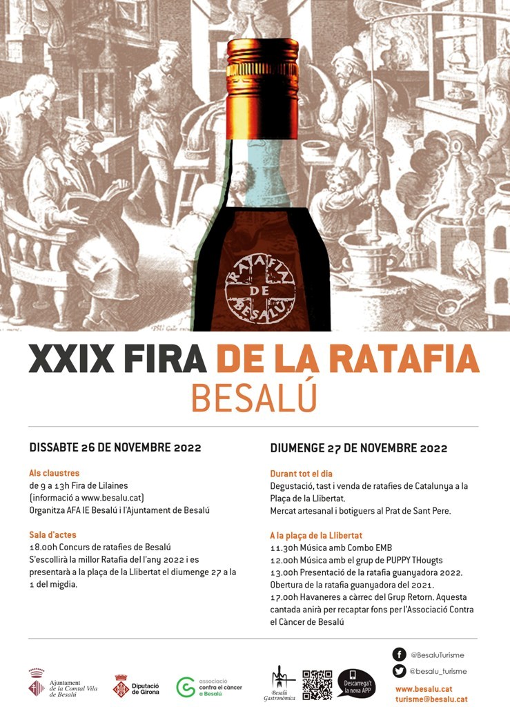 Us esperem aquest cap de setmana a la XXIX FIRA DE LA RATAFIA on podreu desgustar i adquirir ratafies del tot el país.
Mercat artesanal i botiguers.
Música amb combo d'EMB i grup PUPPY THougts, havaneres amb el Grup Retorn.
<a href="/ViuBesalu/">ViuBesalú</a> 
#ratafia
#FestadelaRatafia
<a href="/FiresCatalanes/">Fires Catalanes</a>