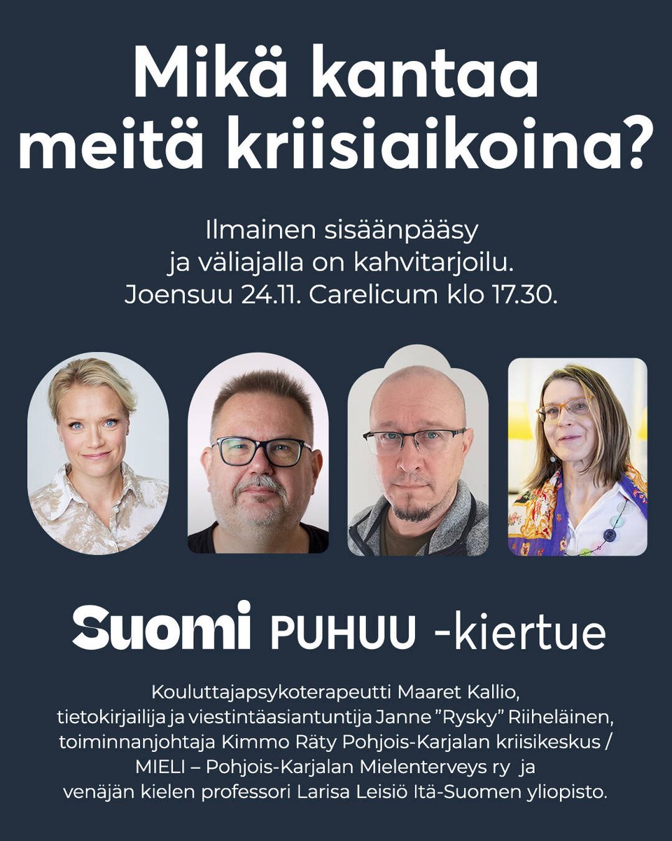 Joensuun kaupunki (@joensuu_fi) on Twitter photo Tervetuloa keskustelemaan poikkeusajan tunteista ja henkisestä kriisinkestävyydestä Suomi puhuu -kiertueen #Joensuu'n osuuteen Carelicumiin (Koskikatu 5) to 24.11. klo 17.30! <a href="/Suomitoimii/">Suomi toimii</a> Tervetuloa keskustelemaan poikkeusajan tunteista ja henkisestä kriisinkestävyydestä Suomi puhuu -kiertueen #Joensuu'n osuuteen Carelicumiin (Koskikatu 5) to 24.11. klo 17.30! <a href="/Suomitoimii/">Suomi toimii</a>