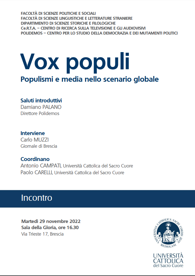 Polidemos_UCSC's tweet photo. 🚨 SAVE THE DATE🚨

"Vox populi. Populismi e media nello scenario globale"

🗓️ #29novembre 2022
📍 @Unicatt - Via Trieste 17, Brescia
⏰ 16.30 
🗣️ @DamianoPalano @AntonioCampati @Paul_Carelli @cmuzzi73 

#Populismo #Media 

ℹ️➡️: https://t.co/yTjsROHoUq https://t.co/ztTUmH91Ln