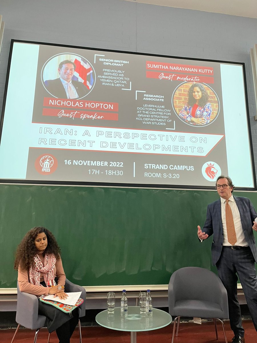 fpskings23's tweet photo. Last Wednesday, on the 16th of November we had the absolute honour of hosting @NicholasHopton , Senior British Diplomat to discuss ‘Iran: A perspective on recent developments.’ 

We would like to extend a huge thank you to @sumithakutty for moderating the event! https://t.co/ViKu0bD24v