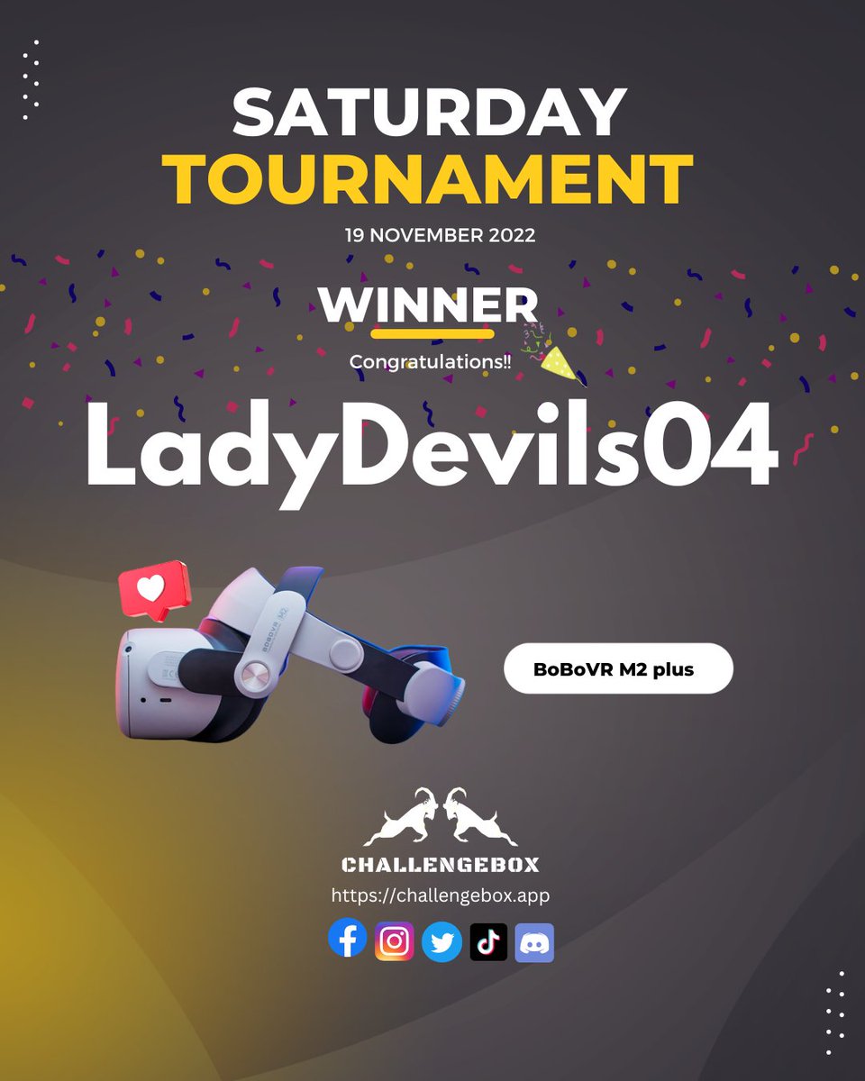 ChallengeBoxVR's tweet photo. Congratulations @ladydevils04
SATURDAY TOURNAMENT (19 November 2022) WINNER
Take part in our weekend fitness challenges and you could be the next lucky winner to win a #BoBoVR M2 Plus.
#ChallengeBoxVR #VRFitness #VRGaming #oculus #vrsports #quest2 #metaverse #VR #rhythmgame #win https://t.co/bTyc2yKOEr