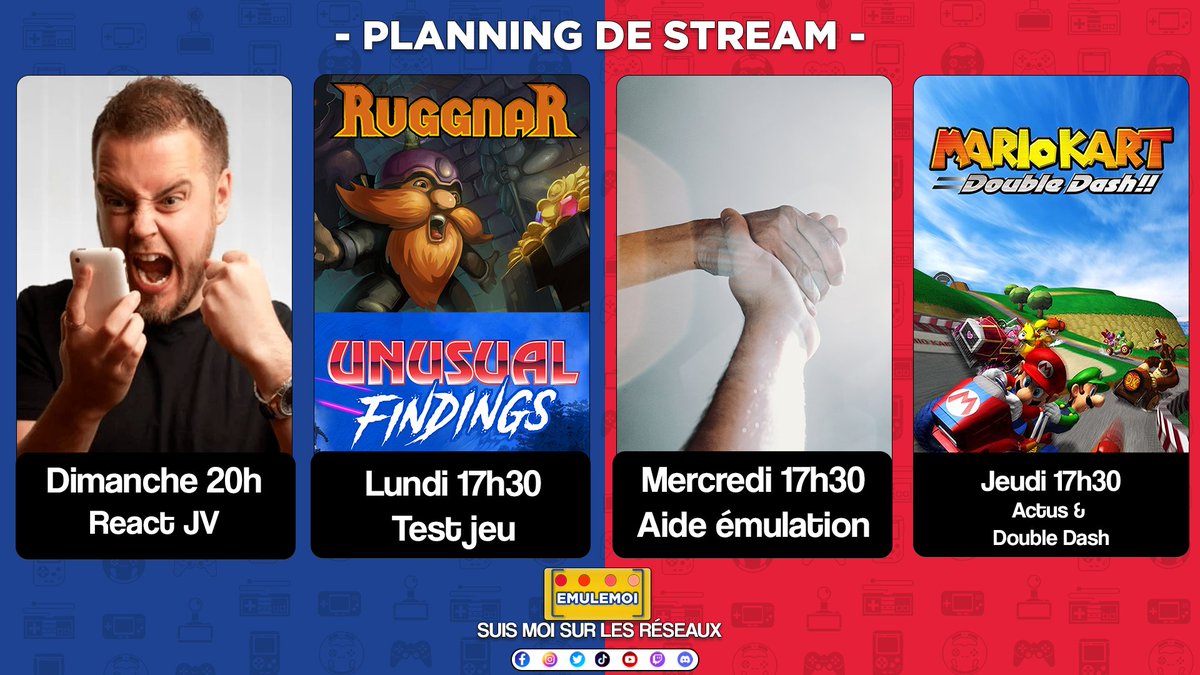 Hey les amis voici le planning de la semaine, ce soir a 17h30 on se retrouve pour tester 2 jeux dont <a href="/Ruggnar/">Ruggnar 🕯️out on PC & Switch</a> !!!

Rdv sur twitch.tv/emulemoi

❤️❤️❤️

#twitch