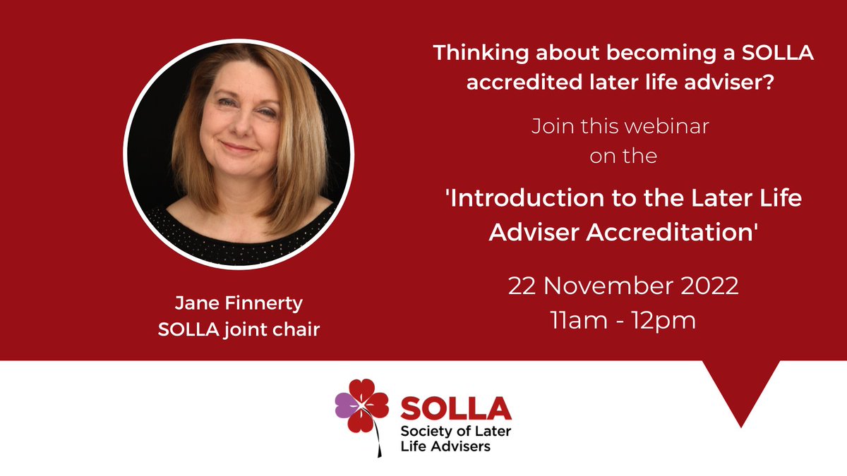SOLLAadvice's tweet photo. Interested in becoming a #SOLLA accredited later life adviser? This webinar tomorrow is a must watch. Register: https://t.co/WdmzFeLuzs
Jt Chair Jane Finnerty answers some of the most commonly asked questions, helpful tips and advice.
#theSOLLAdifference #LLLAS https://t.co/8pNX7uc8SJ