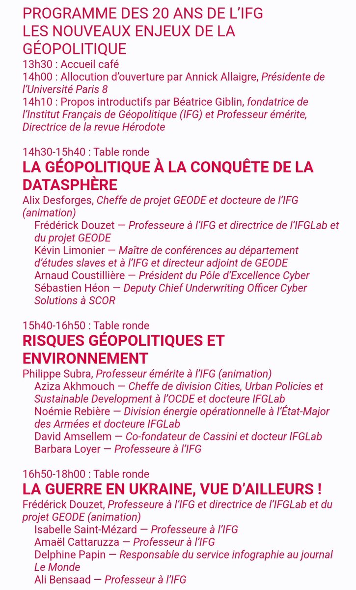 Béatrice Giblin , professeur emerite et directrice de la <a href="/RevueHerodote/">Revue Hérodote</a> introduit le colloque des 20 ans de <a href="/IFGeopolitique/">Institut Français de Géopolitique</a> à <a href="/CampusCondorcet/">Campus Condorcet</a> <a href="/geode_science/">GEODE - Géopolitique de la datasphère</a>