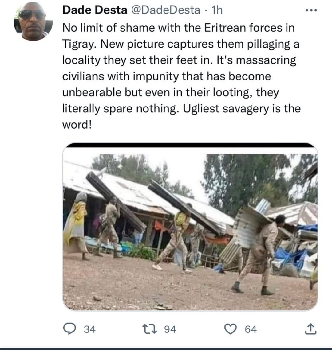 EriPrism's tweet photo. Shame on #TPLF. In July, they accused #AmaraSpecialForces, #ASF, of "looting" in Robit Town. Today, used the same picture to accuse #Eritrea #EriDF of "pillaging". Obviously, soldiers in the picture aren't members of the dignified #ErDF. But, #TPLFites mimicking #EriDF &amp; #ASF. https://t.co/otzMrXLPEO